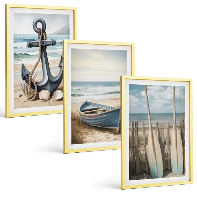 Coloray 3-Delige Schilderij Set - Blauwe Abstracte Patronen - 40 x 40 cm En 40 x 60 cm - Moderne Wanddecoratie - Woonkamer - Decoratieve Schilderijen Gouden lijst