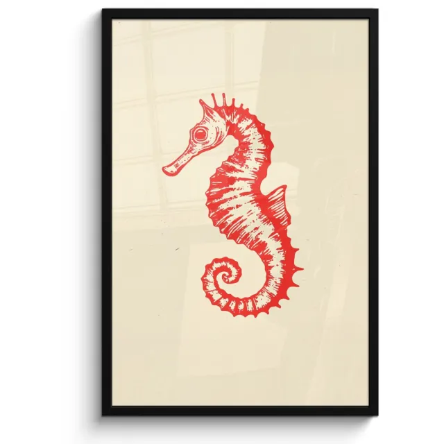 FrameYourWall Poster in lijst - Fotolijst 60x90 cm - Posters - Zeepaardje - Rood - Fijne details - Posterlijst zwart - Decoratie - Wanddecoratie woonkamer - Muurdecoratie slaapkamer
