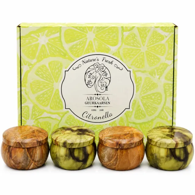 Arosola® Citronella Kaarsen Set - 4 Stuks - 120g per Kaars - Tot 96 Branduren - Echte Citronella Olie - Buitenkaarsen voor Tuin, Balkon & Terras - Luxe Cadeauset Nature's Fresh