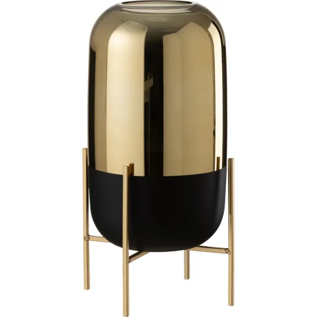 J-Line windlicht Op Voet - kaarshouder - glas - zwart/goud - large Goud|Zwart