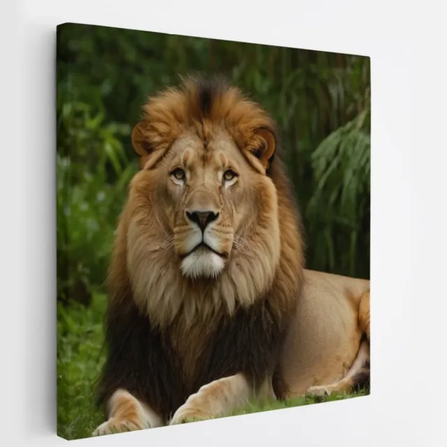 Saammp Canvas Schilderij - Leeuw in de Jungle - Natuur - Dieren - 40x40 - Foto op canvas - Wanddecoratie - Muurdecoratie Woonkamer - Slaapkamer decoratie - Canvas Print Multicolor