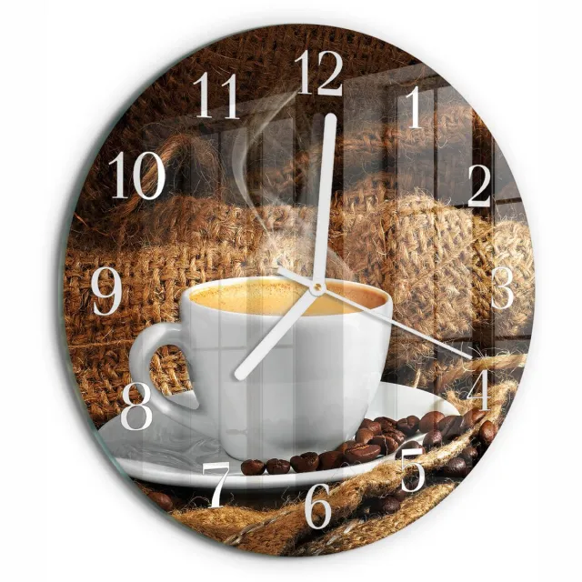 TULUP Wandklok - Koffiebonen Decoratieve Glazen Klok - 30fi cm - Bruin Glazen Wandklok Design - Witte Handen - Ronde Wandklok - Glazen Wandklok Design - Klok Glas Met Opdruk Bruin - Koffiebonen