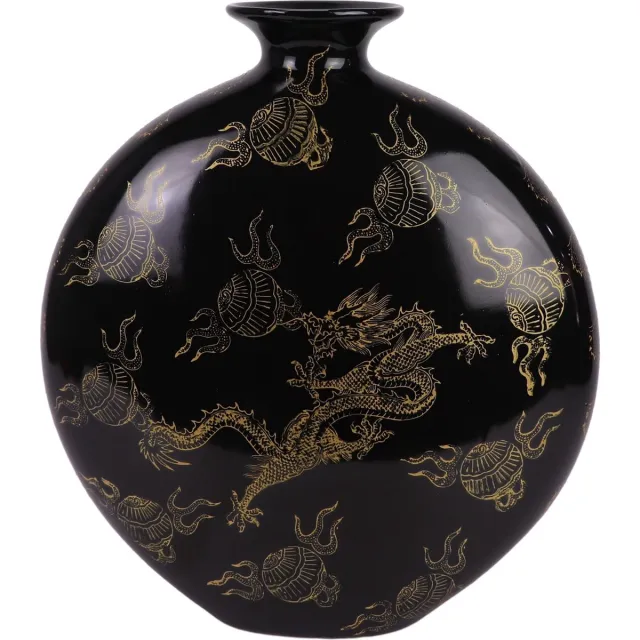 Fine Asianliving Chinese Vaas Porselein Zwart Draak Handgeschilderd B32xD12xH34cm Zwart, Goud