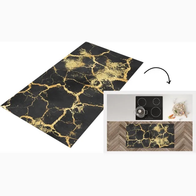 KitchenYeah Keukenloper - Loper keuken - Marmer - Goud - Zwart - Keukenloper vinyl Multicolor