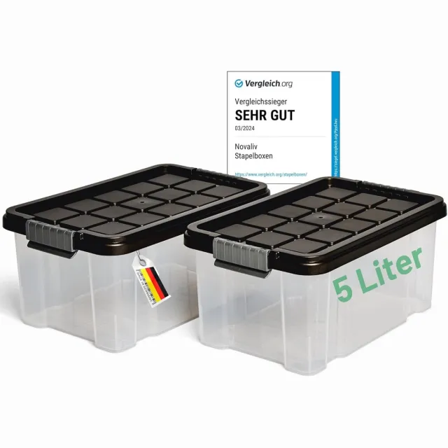 Novaliv 2x opbergdozen met deksel 5L antraciet Nestbare stapelbare opbergdozen met clipsluiting Kunststof BPA-vrij 30 x 19 x 14 cm