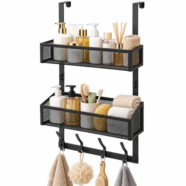 BOTC Deurkapstok RVS - Deur Organizer - 8 Haken & 2 Opbergmanden - voor Badkamer, Slaapkamer & Keuken - Zwart (voor deuren tot 4 cm)