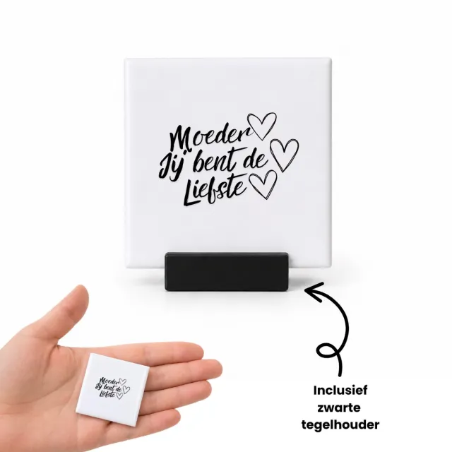 Hacebo Moeder jij bent de Liefste met hartjes tegeltje met tegelhouder - Moeder - De liefste moeder - tegeltjes met tekst - moederdag cadeautje - Cadeau voor mama - Verjaardag - Geschenk - Cadeau - Gift - spreuktegels - 4.8x4.8 CM Wit
