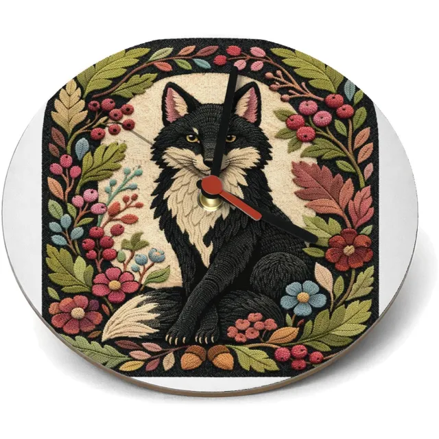 Mr Cadeautjes Klok rond Ø 19 - design Een vos in een sierlijke seizoensrand met herfstbladeren, be | cadeau Wit
