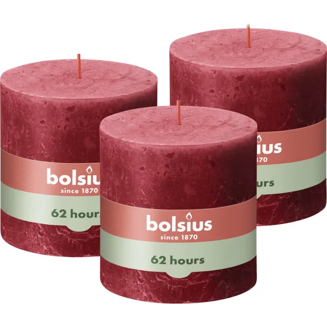 Bolsius Rustieke Kaars - 3 Stuks - Rood - 10 x 10cm - 62 Branduren