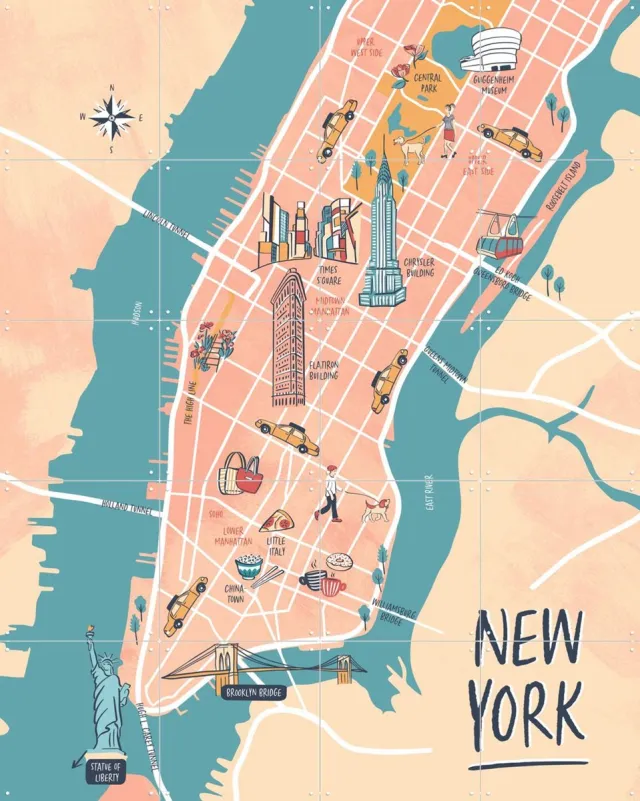 IXXI New York Illustration, Revista Ontwerp & Kunst in Kaart - 80 x 100 cm - Grote wanddecoratie en posters - Speels, Kleurrijk, Illustraties Lichte tinten / Blauw / Oranje