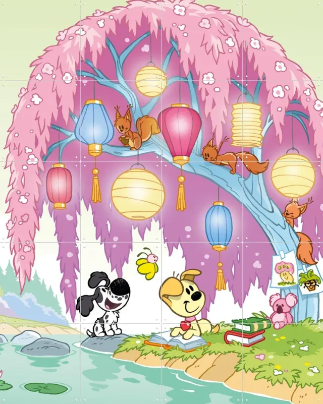 IXXI Woezel & Pip in de Tovertuin, Woezel & Pip & Van Hoorne Studios - 80 x 100 cm - Grote wanddecoratie en posters - Illustraties, Speels, Kleurrijk Roze