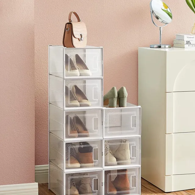 Songmics schoendozen, set van 8, opbergdozen voor schoenen, schoen organizer, plastic dozen, opvouwbaar en stapelbaar, voor schoenen tot, transparant wit LSP08MWT ‎Doorzichtig