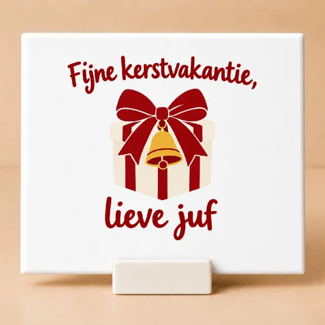 Bedruk King Vrolijke Juf en Meester 'Bijna Kerstvakantie' Tegel – Kleurrijke Platte Decoratie voor Onderwijs en Klaslokaal - 15 x 15 cm met houder Wit