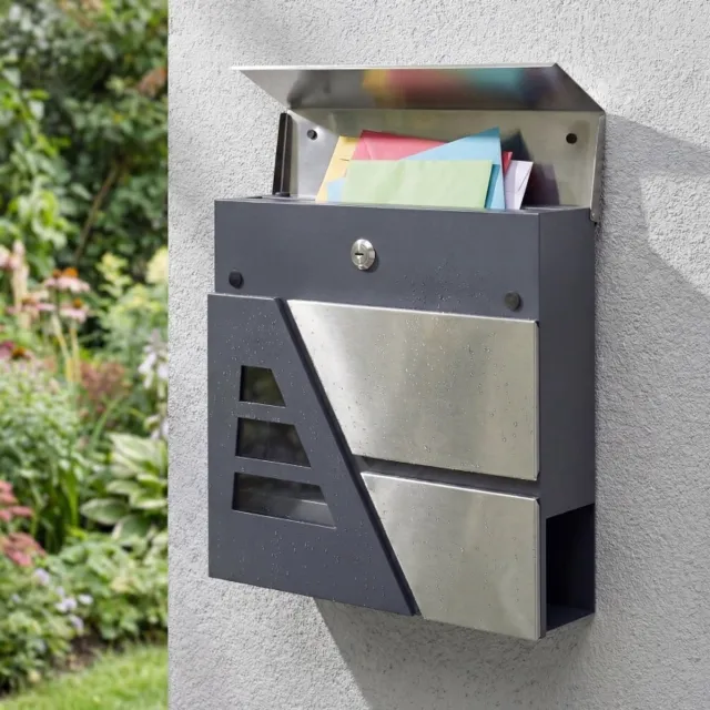 REDOM Briefkast - Wandmontage - Met slot en 2 sleutels - Met tijdschriftenvak - Metalen briefkast - Buitenwand - Donkergrijs - 37 x 10 x 37 cm