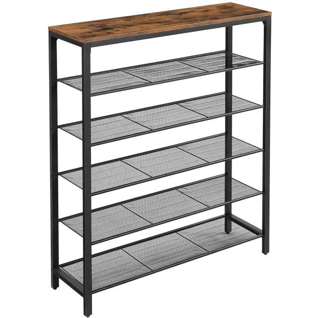 LEOBERT Schoenenrek met 5 Metalen Planken – Industrieel Schoenenrek 100x30x110 cm – Rustiek Bruin/Zwart – Schoenenkast voor Maximaal 20 Paar Schoenen – Opbergrek met Houten Bovenblad – Hal, Gang en Garderobe