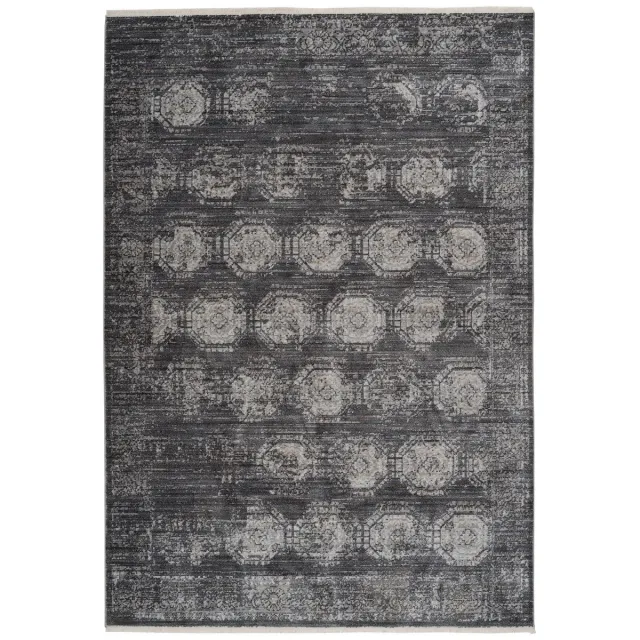 Padiro elegant laagpolig vloerkleed 200 x 290 cm - donkergrijs - oosters vintage patroon - met franjes - voor vloerverwarming - van polypropyleen en katoen