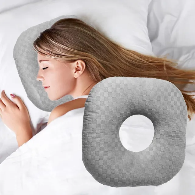 SNQ Gatkussen voor Oorpiercings - Vierkant Doughnut Kussen van Memory Foam en Parelkatoen - Geschikt voor Zijslapers en Kraakbeenoorsieraden - Ondersteunt Nek en Hoofd - Voor Thuis en Reizen grijs