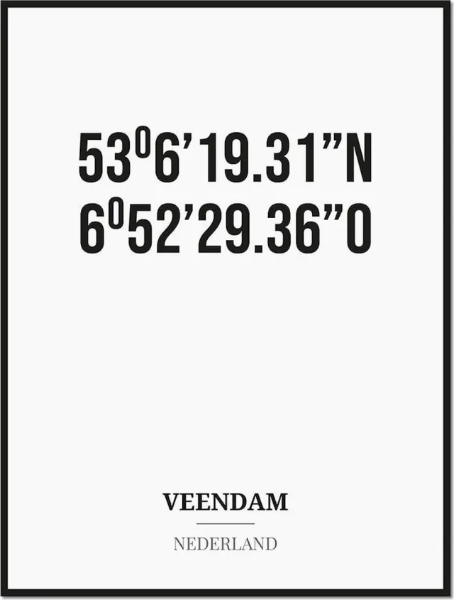 Studio216 Poster/kaart VEENDAM met coördinaten zwart, wit