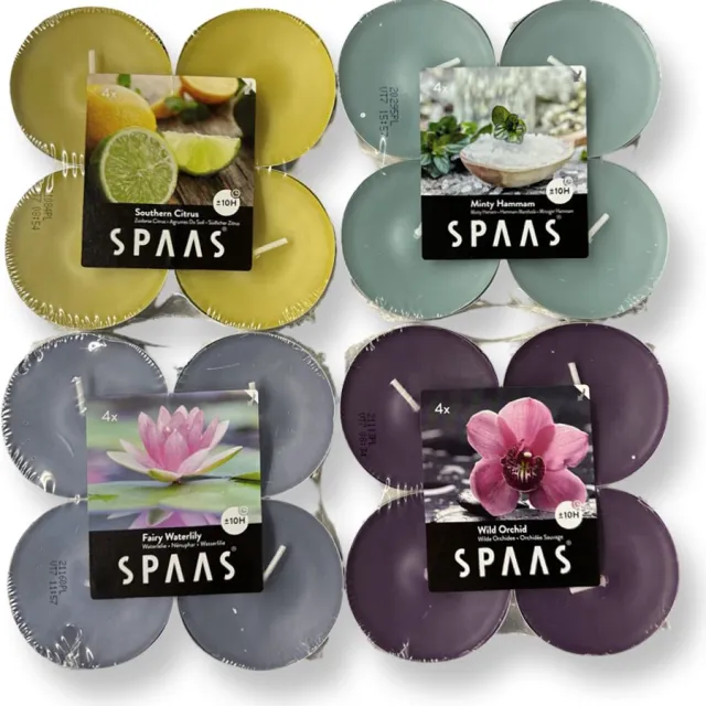 Spaas Geurtheelichtjes/waxinelichtjes Maxi - Assortiment - Sfeerpakket - 16 stuks - 10 branduren - 4x 4 geurkaarsen assorti Voordeelpack 16 stuks