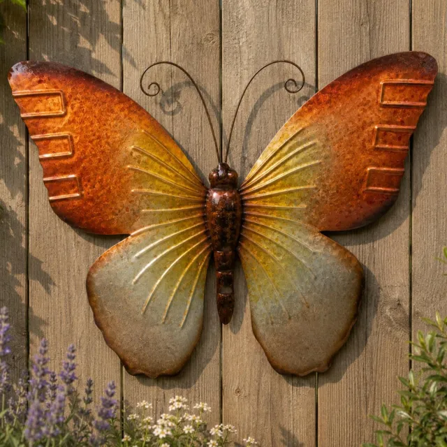 Anna's Collection Wand decoratie vlinder - oranje - 32 x 24 cm - metaal - muurdecoratie