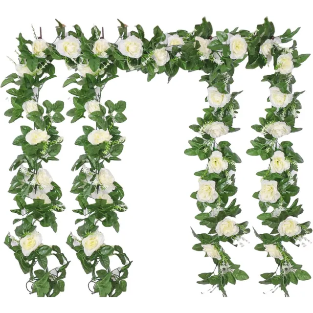 Suwimut 4 x 2,2 m kunstrozen, slinger, bloemenkrans, rozen, wijnstok, zijden bloemen, hangende kunstbloemen, decoratieve namaakbloemen met groene bladeren voor bruiloft, feest, huis, tuindecoratie (wit)