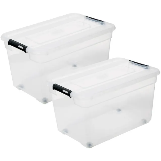 5Five® 5Five opberg kist met deksel - 2x - Solutions Box - 52 liter - 58 x 39 x 34 cm - kunststof - transparant - met wielen