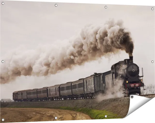 Gards Tuinposter Locomotief Trein met Rook Wolken - 120x80 cm - Tuindoek - Tuindecoratie - Wanddecoratie buiten - Tuinschilderij Multikleur