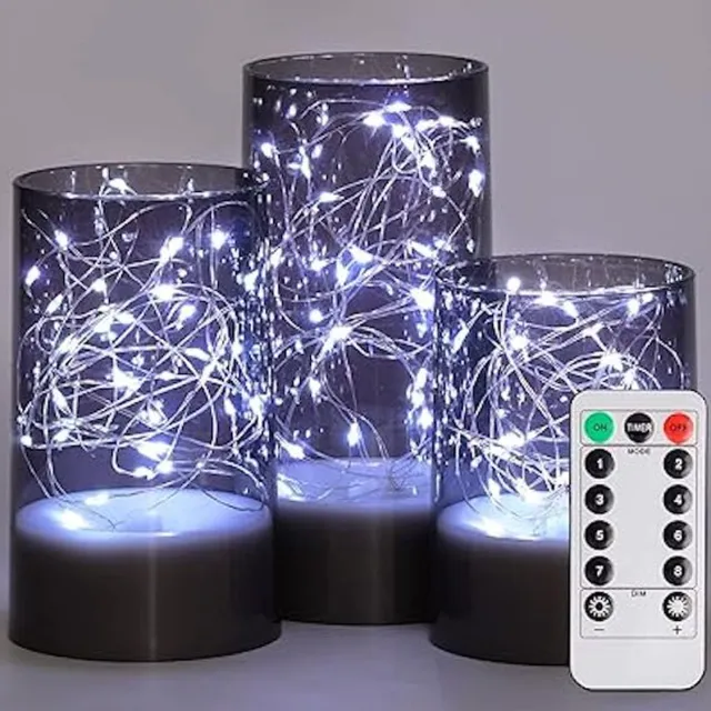 Moli Shop LED Kaarsen 3 stuks-Glimmend kaarsen Batterijkaarsen-afstandsbediening en timer-Grijs Glinsterend-Grijs