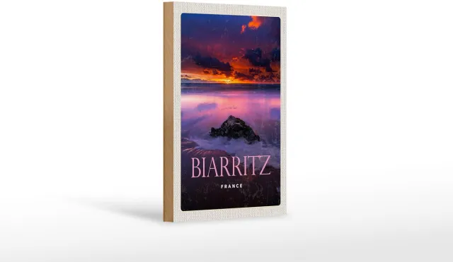 Femer Holzschild Reise 12x18 cm Biarritz France Sonnenuntergang Dekoration Multi
