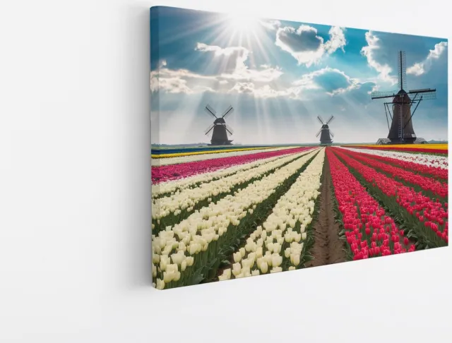 Saammp Canvas Schilderij - Kleurrijk Tulpenveld - Natuur - Landschap - 70x50 - Foto op canvas - Wanddecoratie - Muurdecoratie Woonkamer - Slaapkamer decoratie - Canvas Print Multicolor
