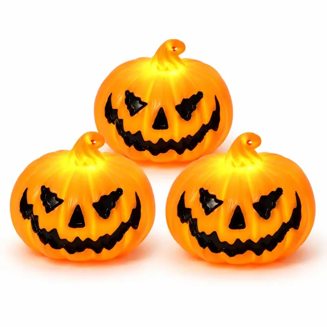 Ulisem Halloween LED Kaars - Pompoen Kaars - Vlamloze LED Theelicht - Batterijgevoede Halloween Verlichting - Voor Tafel Open Haard Feest en Woondecoratie - 3 Stuk oranje