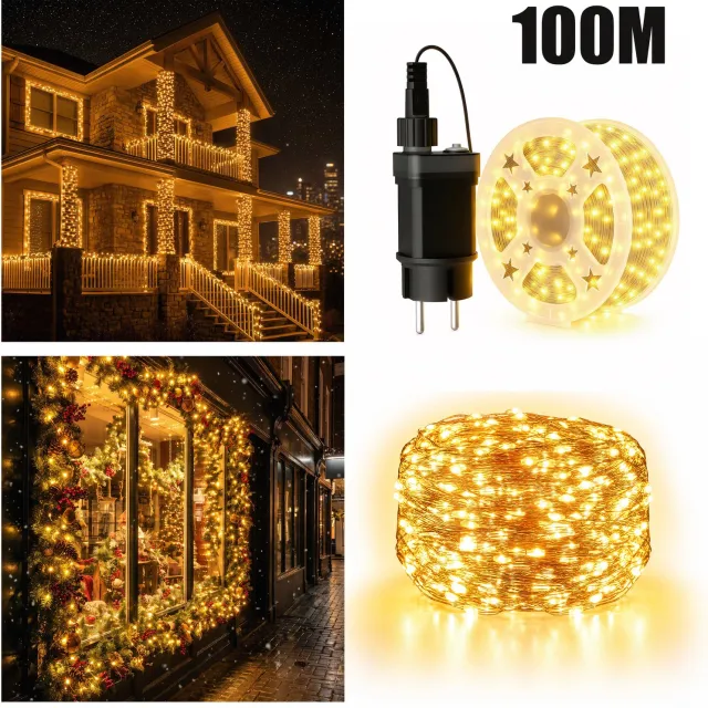 Froadp Kupferdraad Lichtenketting Warm wit 100M 1000 LEDs Kerstverlichting Waterdicht Warmwit Met 8 Modi Afstandsbediening Timer IP44 Waterdicht Kerstverlichting Buiten Binnen Balkon Tuin
