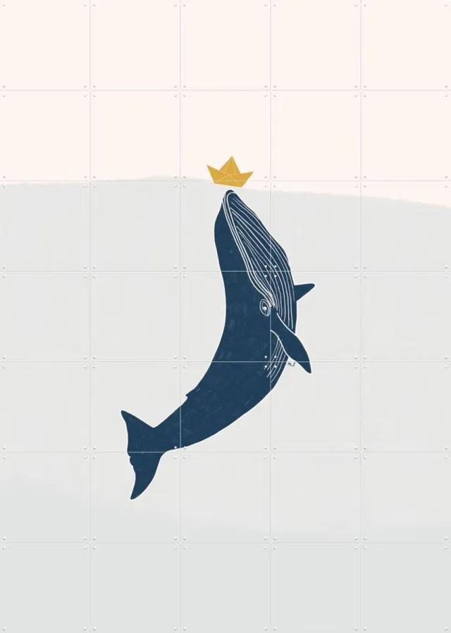 IXXI Blue Whale Sailing Boat, Menina Lisboa & Various - 100 x 140 cm - Grote wanddecoratie en posters - Minimalisme, Grafisch Ontwerp, Speels Blauw
