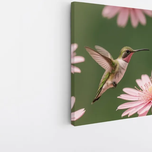 Saammp Canvas Schilderij - Kolibrie tussen de bloemen - Natuur - Dieren- 30x30 - Foto op canvas - Wanddecoratie - Muurdecoratie Woonkamer - Slaapkamer decoratie - Canvas Print Multicolor