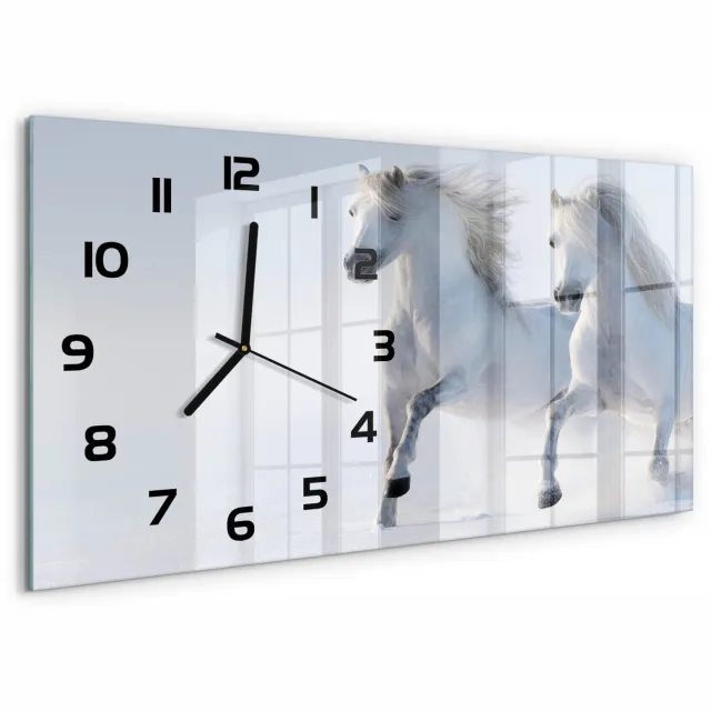 TULUP Wandklok - Twee paarden in de sneeuw Glazen Wandklok Design - 60x30 cm - Wit Klok Glas Met Opdruk - Zwarte handen - Rechthoekige Klok - Wandklok Glas Met Motief - Decoratieve Glazen Klok