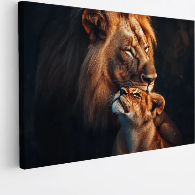 Saammp Canvas Schilderij - Leeuw en welp zijn liefdevol - Dieren - Natuur - 50x40 - Foto op canvas - Wanddecoratie - Muurdecoratie Woonkamer - Slaapkamer decoratie - Canvas Print Multicolor