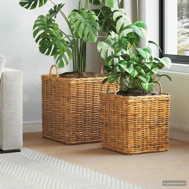 vidaXL Plantenmand met opslag GENDT 2 st Natuurlijk Bruin Kubu Rattan