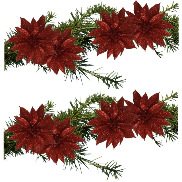 Gerimport Kerstboomversiering Bloemen - 8x stuks - 9 cm - rood glitter - op clip
