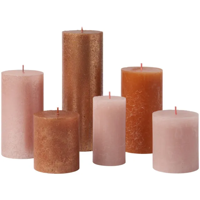 Famanu Set van 6 rustieke stompkaarsen in Cosy Coppers, ongeparfumeerde decoratieve kaarsen van natuurlijke plantenwas, lange brandduur Zwart