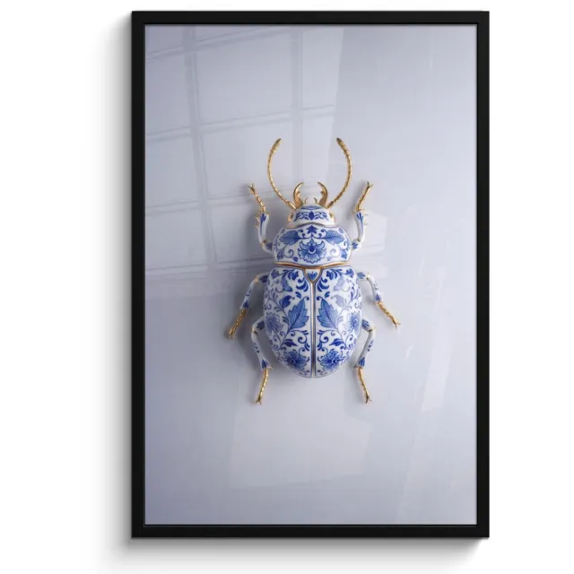 FrameYourWall Poster in lijst - Fotolijst 60x90 cm - Posters - Kever - Delfts - Blauw - Goud - Posterlijst zwart - Decoratie - Wanddecoratie woonkamer - Muurdecoratie slaapkamer
