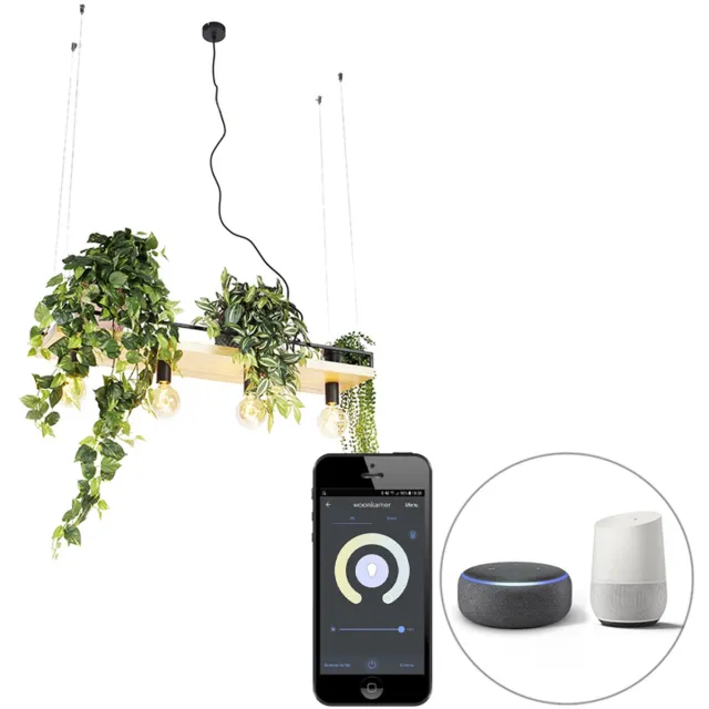 QAZQA shelf - Industriele LED Smart Hanglamp eettafel incl. wifi voor boven de eettafel | in eetkamer - 4 lichts - L 100 cm - Zwart - Industrieel - Woonkamer Zwart Smart LED