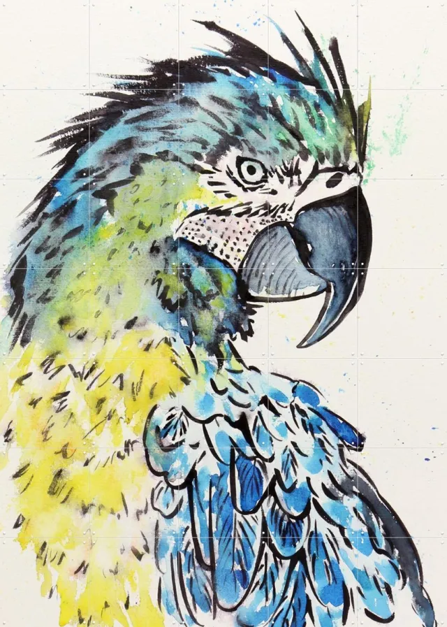 IXXI The Blue Macaw Parrot, Natalie Bruns - 100 x 140 cm - Grote wanddecoratie en posters - Illustraties, Kleurrijk, Aquarel, Woonkamer, Vogels Blauw