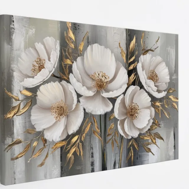 Saammp Canvas Schilderij - Abstracte bloemen met goud - 70x50 - Foto op canvas - Wanddecoratie - Muurdecoratie Woonkamer - Kantoor Decoratie Multicolor