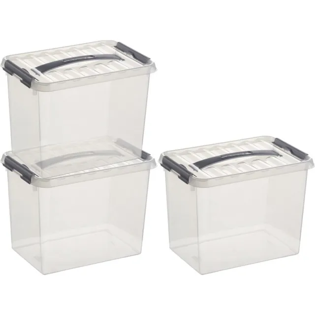 Sunware 3x sunware q-line opberg box/opbergdoos - 9 liter - 30 x 20 x 22 cm - kunststof - opslagbox - transparant/zilver