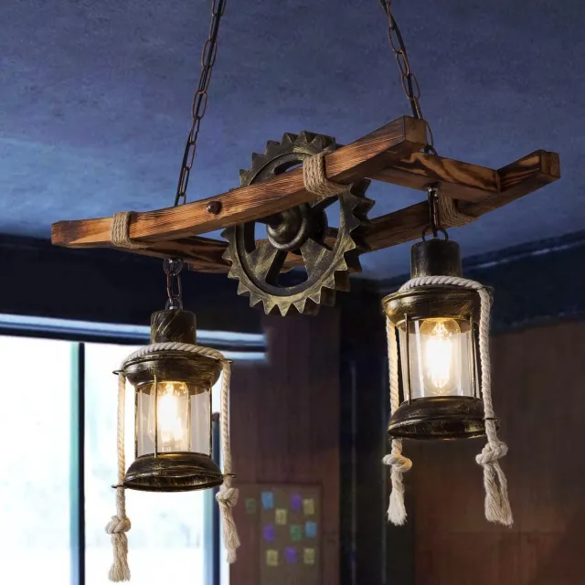 Mrs. Jones 2 Kop Houten Kroonluchter - Vintage Hanglamp - 50 cm- Verstelbaar Ketting - Retro Hanglamp