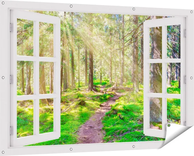 Gards Tuinposter Doorkijk Pad in Bos met Zon tussen de Bomen - 150x100 cm - Tuindoek - Tuindecoratie - Wanddecoratie buiten - Tuinschilderij Wit