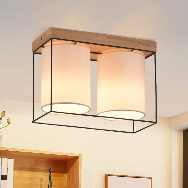 NETTLIFE Plafondlamp Hout – E14 Fitting - 2-Lichts - met Stof Lampkap - Vintage Ganglamp – voor Slaapkamer | Woonkamer – Max. 25 W-excl. lichtbron Zwart