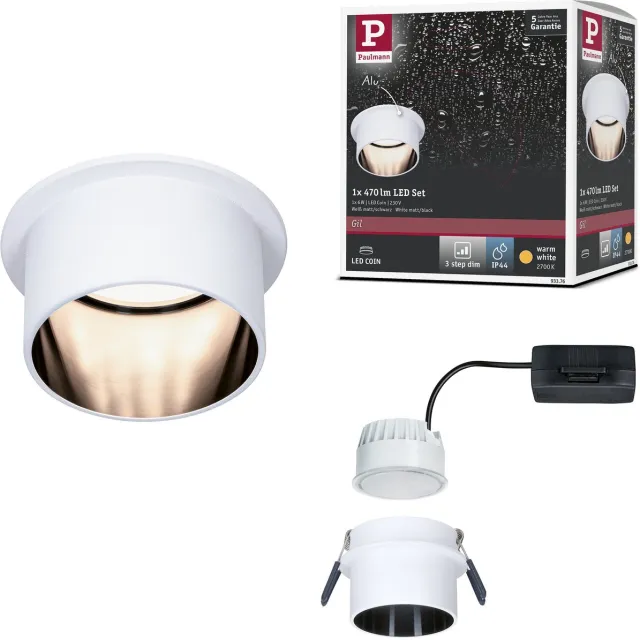 Paulmann LED-inbouwlamp 3-Step-Dim Gil Coin IP44 rond 68 mm Coin 6W 470lm 230V dimbaar 2700K Wit mat, Zwart mat