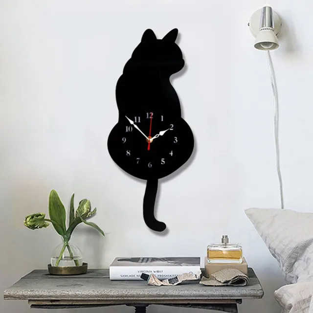 Topkey Wandklok Kat Acryl Wandklok met Slinger met Slinger voor Woonkamer Slaapkamer Keuken Woondecoratie – (42 cm x 18 cm) Zwart