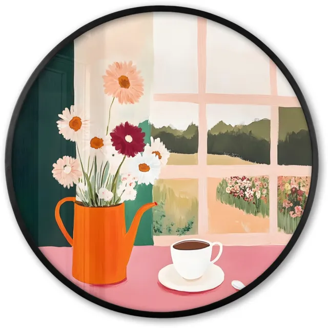 FrameYourWall Poster in lijst Rond - Fotolijst 80x80 cm - Posters - Bloemen - Koffie - Raam - Ronde posterlijst zwart - Decoratie - Wanddecoratie woonkamer - Muurdecoratie slaapkamer